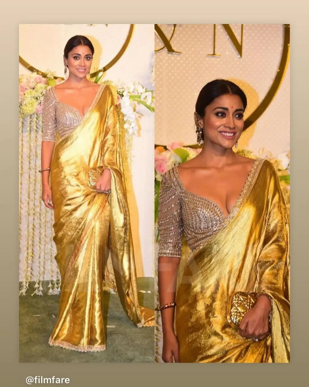 South Indian Actress Shriya Saran in Yellow Saree White Blouse